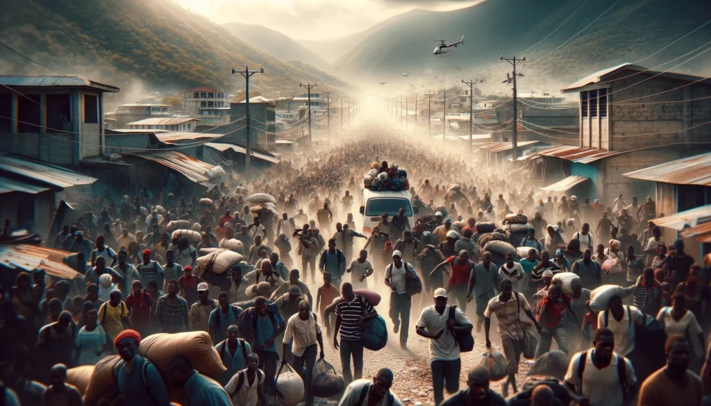 Cinematic photorealistic landscape image capturing a mass exodus of Haitians from their capital, against a backdrop of implied violence. The dramatic lighting accentuates the mixed expressions of panic and hope as they carry their belongings to safety.