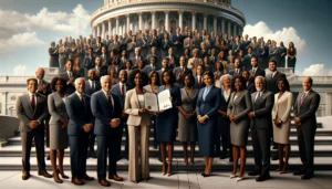 A bipartisan group of lawmakers, including Black women, stands together on the steps of a government building, holding the signed Protect Black Women and Girls Act document, under a clear sky symbolizing hope and new beginnings.