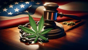 Symbolic image depicting a gavel, a broken chain, and a marijuana leaf prominently displayed in the foreground against a blurred background featuring the American flag, representing a significant policy shift towards marijuana legalization and its implications for racial justice.