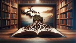 A cinematically photorealistic image of an open book on a table, with the pages intricately shaped to form the Caribbean islands. The setting includes a subtle backdrop of a library, highlighting the literary depth and heritage of Maryse Condé.