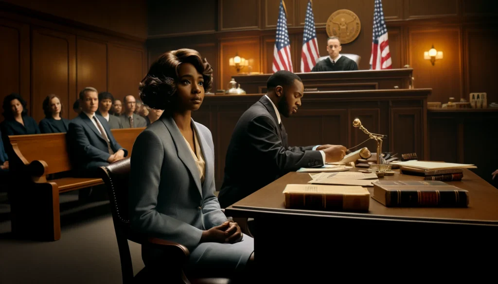 A photorealistic image generated by DALL·E depicting a courtroom scene with Crystal Mason, a Black woman, seated beside her attorney during a legal hearing. The courtroom is traditional with a judge’s bench, American flags, and other court personnel. Mason looks anxious and holds legal documents, emphasizing the emotional weight and societal implications of her case over voting rights. The setting and expressions convey the deep tension of the legal battle.