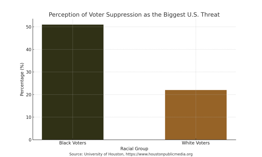 Bar graph showing 51% of Black voters and 22% of white voters view voter suppression as the biggest U.S. threat, using colors dark olive green for Black voters and bronze for white voters.