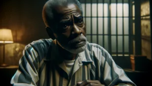 An older African American man looks contemplative and worried, sitting in a dimly lit room suggestive of a prison environment. His expressive face is the focus, with subtle prison bars in the background, symbolizing the racial disparities and personal toll of the death penalty.