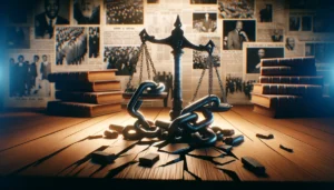 A cinematic photorealistic image depicting broken chains and an unbalanced scale of justice set against a backdrop of historical documents and images from the Civil Rights Movement, symbolizing the historical roots of racial injustice in American policing.