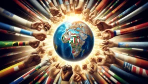 An abstract image depicting diverse hands forming a circle of unity and support around a globe focused on Africa, symbolizing international solidarity, cooperation, and a collective commitment to preventing atrocities and fostering a hopeful future.
