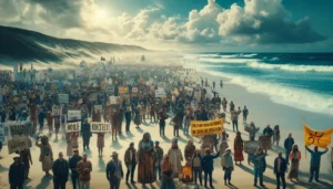 Community members led by Sinegugu Zukulu and Nonhle Mbuthuma protest against Shell's seismic exploration along the Wild Coast of South Africa. The image captures a diverse group, including children and adults, holding banners and signs on a sandy beach with the ocean in the background. The scene emphasizes the community's dedication to protecting marine life and upholding ancestral rights against Shell's oil exploration activities, highlighting the significant role of the Amadiba Crisis Committee and the Sustaining the Wild Coast initiative. This protest is part of the broader Shell lawsuit efforts in 2022.