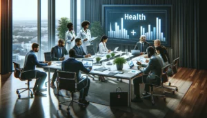 A diverse group of professionals, including African American, Asian, and Caucasian experts, actively discussing and strategizing over documents and digital presentations in a modern, well-lit conference room setting, emphasizing a collaborative and serious approach to health policy improvements.