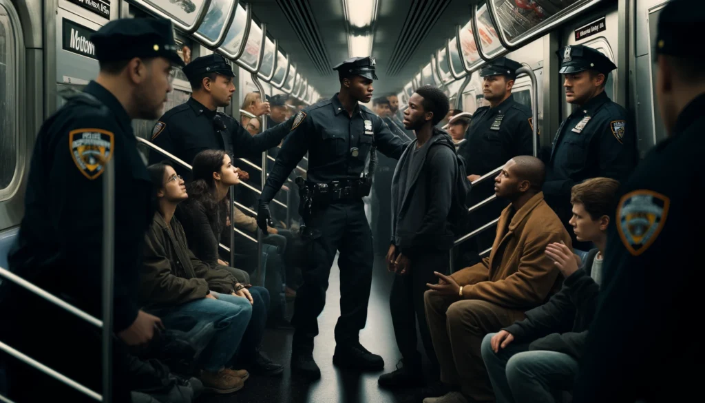 This image poignantly captures a moment of tension between security personnel and a Black subway rider. The surrounding commuters' expressions range from concern to disinterest, reflecting the complexity of public reactions to increased surveillance and its disproportionate impact on minority communities.