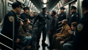 This image poignantly captures a moment of tension between security personnel and a Black subway rider. The surrounding commuters' expressions range from concern to disinterest, reflecting the complexity of public reactions to increased surveillance and its disproportionate impact on minority communities.