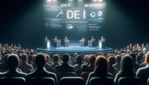 A cinematic photorealistic image of a public debate on diversity, equity, and inclusion. Speakers from varied backgrounds are seen passionately exchanging views in a respectful manner. The diverse audience listens attentively in a large hall, reflecting a broad spectrum of society. The scene emphasizes the importance of dialogue and the exchange of ideas to address complex societal issues.