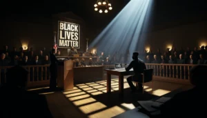 Cinematic image of a courtroom scene with Sir Maejor Page at the defendant's table under a spotlight, surrounded by legal documents and a laptop showing the Black Lives Matter logo, with a somber audience and a judge in the background, emphasizing the trial's gravity.