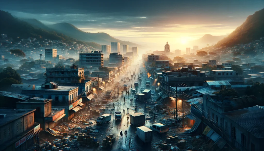 Cinematic photorealistic landscape image of Port-au-Prince at dawn, with deserted streets, closed businesses, and an overall tense atmosphere, reflecting the current humanitarian and political crisis.