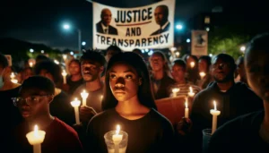 A night scene depicting a group of African American community activists at a candlelight vigil. The focus is on their expressive faces, showing hope and sadness. They are surrounded by banners with calls for justice. The setting is outdoors under soft street lighting that casts gentle shadows, enhancing the somber atmosphere of the gathering.