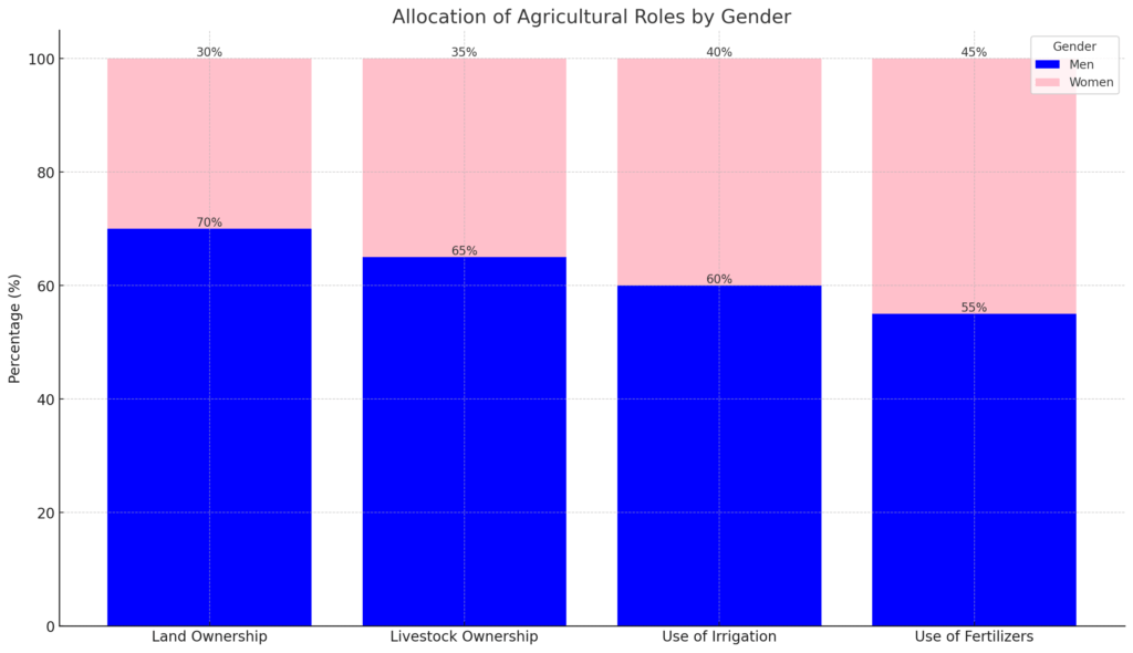 Stacked bar chart showing the allocation of agricultural roles by gender. Four categories are displayed: Land Ownership, Livestock Ownership, Use of Irrigation, and Use of Fertilizers. Each category shows a higher percentage for men (colored in blue) compared to women (colored in pink). Men's percentages are 70%, 65%, 60%, and 55% respectively, while women's are 30%, 35%, 40%, and 45%. Labels indicate the percentage contributions of each gender within the respective categories.