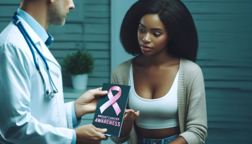 A Black woman talks about breast cancer prevention with a healthcare professional, using a pamphlet in a clinic setting.