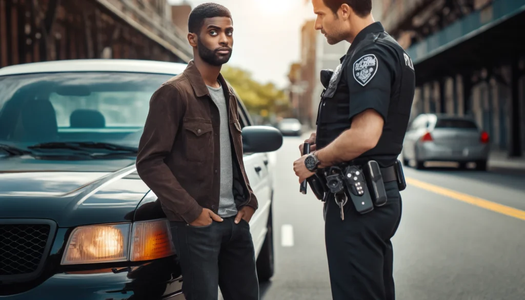 A realistic depiction of a traffic stop on an urban road during daylight. A Black male driver stands next to his car, displaying a confused and concerned expression. Facing him is a white male police officer, looking authoritative and unsympathetic. The setting emphasizes the tension and complexity of police interactions in diverse communities.
