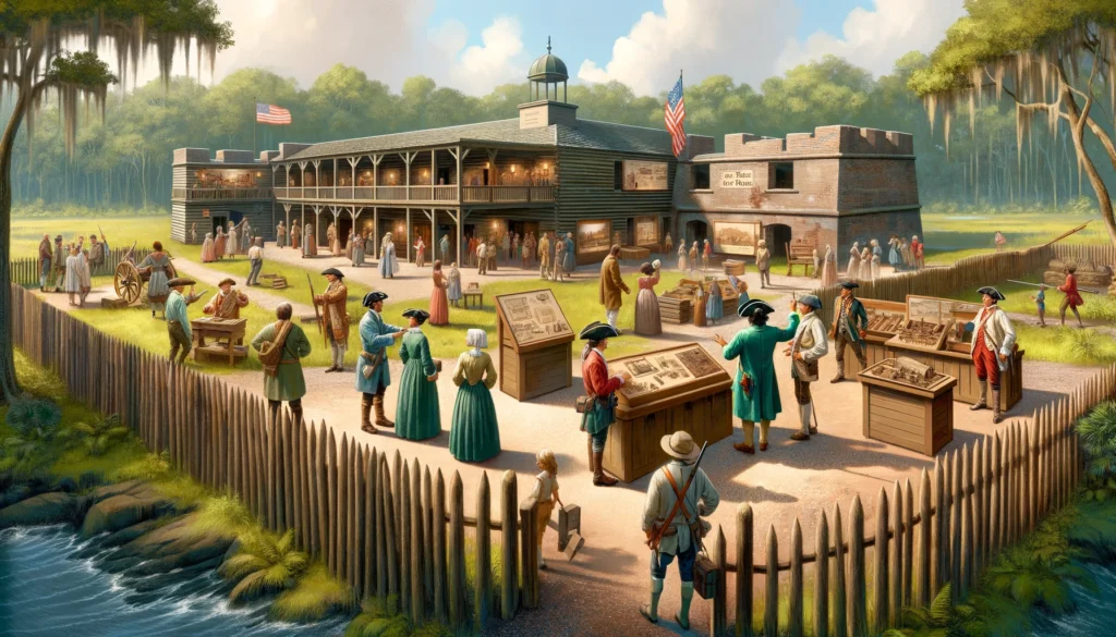 Immersive Experience at Fort Mose Reconstructed with Interactive Exhibits | African Elements Illustration of visitors exploring the reconstructed Fort Mose, interacting with exhibits and guides in period costumes, set in Fort Mose Historic State Park. Image generated by DALL-E.