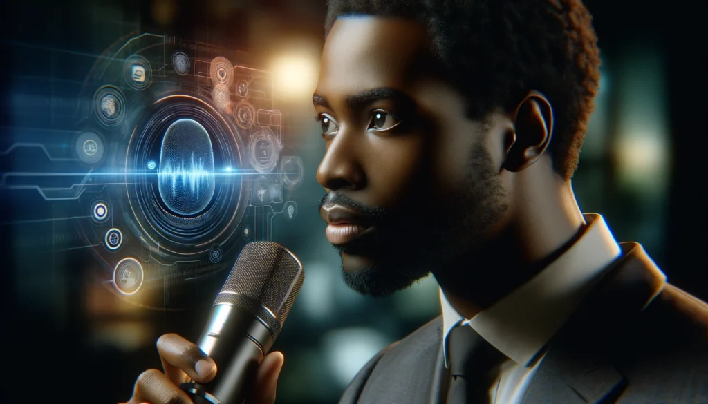 An African American man speaking into a microphone, with a real-time digital display analyzing his speech in the background, emphasizing the struggles with voice recognition technology in a high-tech environment.
