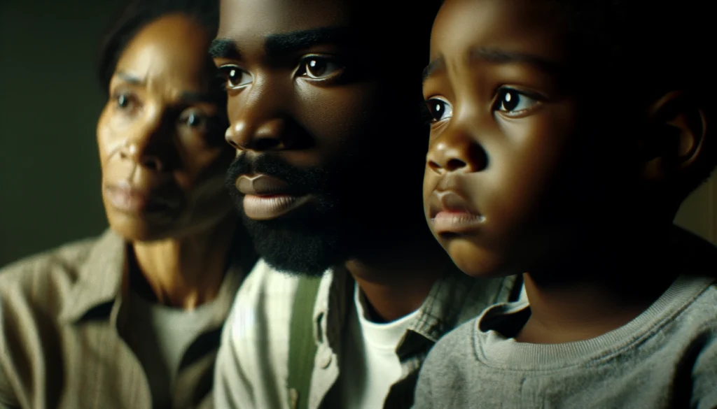 A close-up of African American parents holding their child, displaying expressions of concern and hope, with a slightly blurred background focusing on their faces.