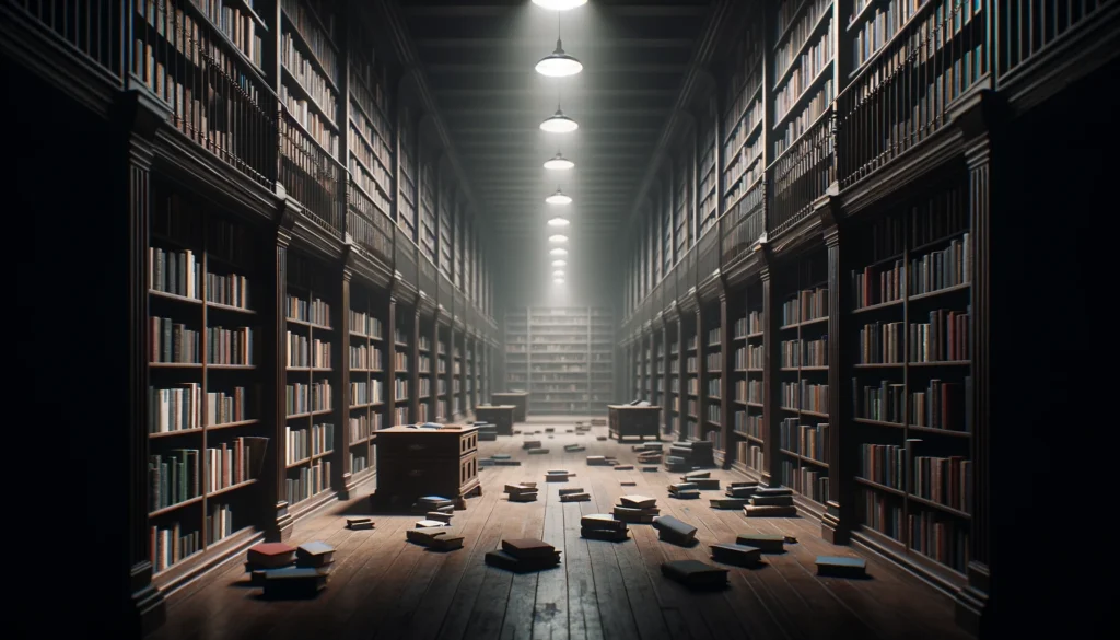 A quiet, dimly lit library with numerous empty shelves and a sparse scattering of books, emphasizing the significant absence caused by book bans on LGBTQIA+ and racial themes. The atmosphere conveys a deep sense of loss and the silent impact of censorship in educational settings.