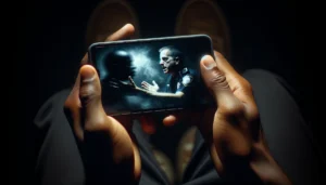 A dark and unsettling scene showing a mobile device in the hands of an African-American person. The device displays a video of a white police officer, partially visible, engaged in a heated and offensive conversation. The background is shadowy, emphasizing the controversy and tension of the captured conversation.