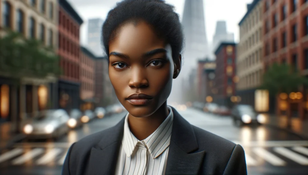 Black woman in business attire in urban setting, symbolizing the superwoman schema's impact on mental health among African American women.