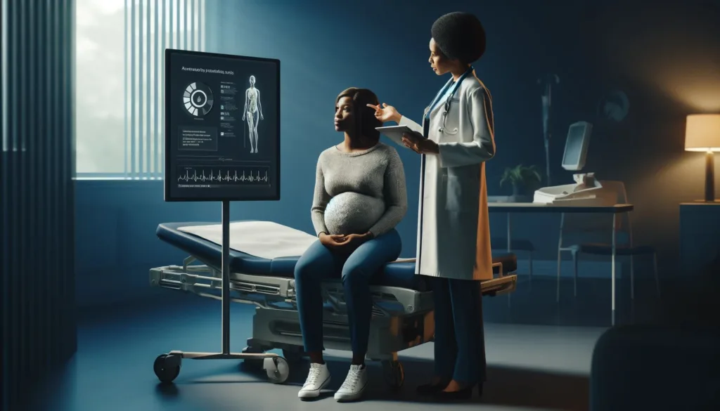 Black pregnant woman receiving a consultation from a Black female doctor in a modern hospital maternity ward, with discussions on maternal health risks highlighted by educational brochures and digital health statistics.