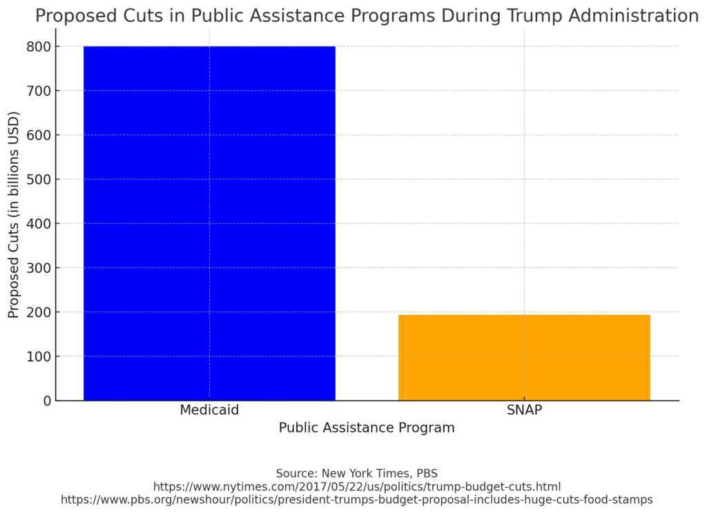 Bar chart showing proposed cuts in public assistance programs during the Trump administration, highlighting significant reductions in Medicaid ($800 billion) and SNAP ($193 billion). Source: New York Times, PBS.