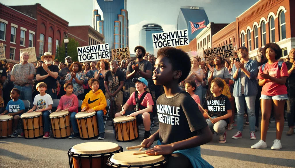 A group of Black children, aged 9-14, playing drums joyfully on a busy city street, surrounded by a diverse crowd holding signs for peace and unity.