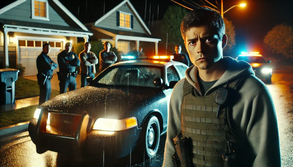 Close-up of an unmarked police car with plain-clothes officers nearby, showing tense and confused expressions, with neighbors watching from a distance on a suburban street.