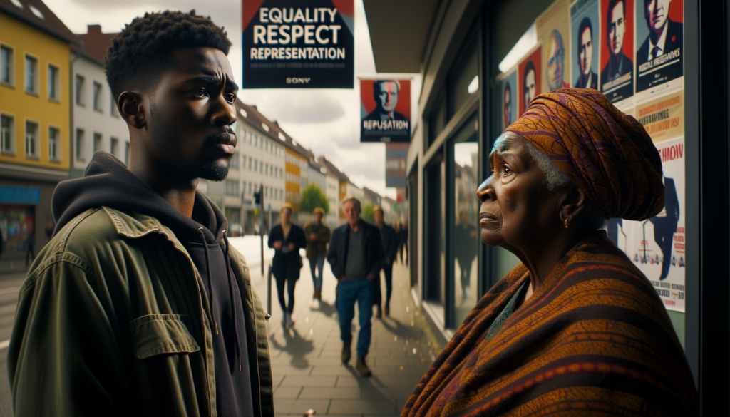 An intense scene on a city street where a young black man in a green jacket and a brown older woman wearing a colorful headwrap face each other intently, standing by a storefront displaying political campaign posters promoting equality, respect, and representation. Passersby are visible in the background.