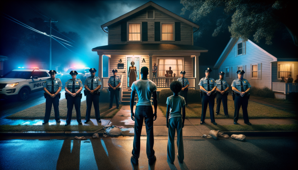 A nighttime scene outside a two-story house with a porch. In the foreground, a man and a child stand together, facing multiple police officers in uniform who are standing in a line, as if forming a barrier. Police cars, with flashing lights, illuminate the scene from behind. The house in the background is lit, and several people, including children, are seen standing on the porch and looking out of the windows. The overall atmosphere is tense and solemn, capturing a moment of confrontation or poignant significance.