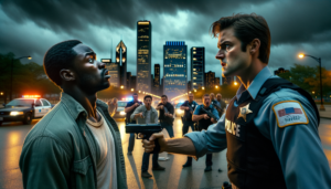A tense urban scene at night, with dark storm clouds overhead. In the foreground, a police officer in uniform points a handgun at a man who appears stunned and defiant. Behind the officer, several other officers and individuals react with alarm, some reaching for their own weapons. Police vehicles with flashing lights are seen to the left, while a brightly lit city skyline looms in the background, adding to the dramatic atmosphere.