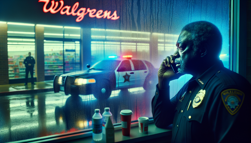 A police officer is standing inside a Walgreens store at night, speaking on a cell phone and gazing out a rainy, fogged-up window. Outside, a police car with flashing lights is parked, and another officer can be seen standing near the store entrance. On the windowsill, there are several cups and bottles. The Walgreens signage is brightly illuminated in the background. The scene is bathed in the blue and red glow of the police car's lights, creating a tense and dramatic atmosphere.