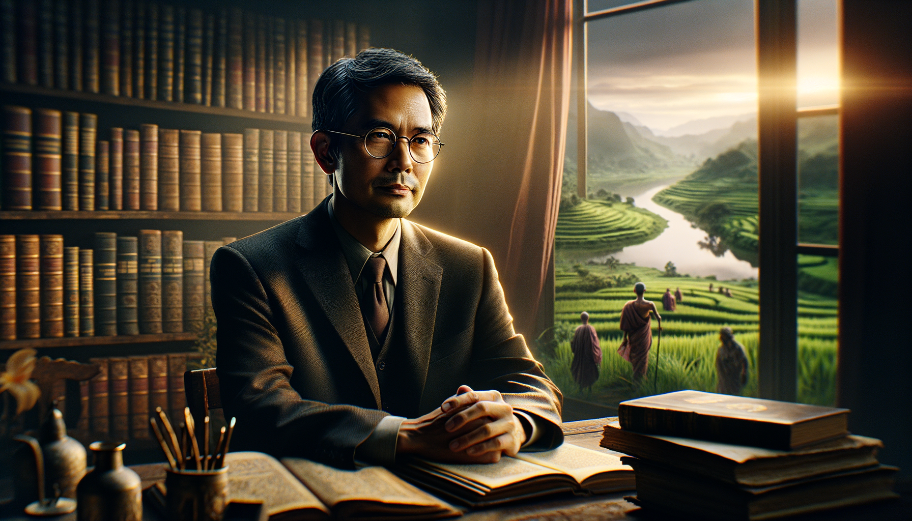 a vivid, cinematic scene featuring Amitav Ghosh, a middle-aged South Asian man with short black hair and glasses, seated at a wooden table surrounded by historical books and manuscripts, with a thoughtful expression on his face as he reflects on climate change and imperialism's impact. The lighting is soft and warm, creating an intimate atmosphere. In the background, a blurred view of lush green landscapes evokes the natural world, hinting at environmental beauty marred by human exploitation. Emphasize a feeling of urgency and contemplation, highlighting the interplay between historical insights and contemporary challenges. Use an Arri Alexa camera for a cinematic touch. Include the text 