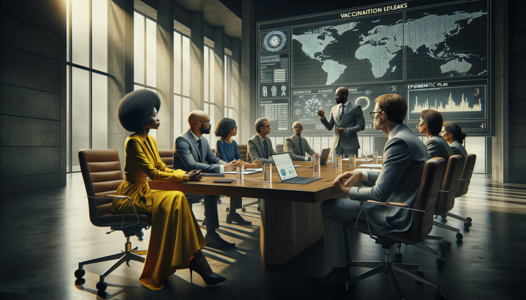 a vivid, cinematic scene featuring a diverse group of African officials, including a Black female health minister in a bright yellow dress with an intense, determined expression, and a Black male epidemiologist in a gray suit with glasses, intensely discussing strategies around a large wooden table in a modern conference room. Soft daylight streams through large windows, highlighting digital maps and statistics on screens in the background related to Mpox outbreaks. The mood is serious and collaborative, emphasizing urgency and support, with a focus on the health minister passionately pointing to a vaccination strategy on a screen. Visual elements include a laptop with healthcare graphics and a coffee cup symbolizing long hours of work, encapsulating the theme of teamwork and urgency.