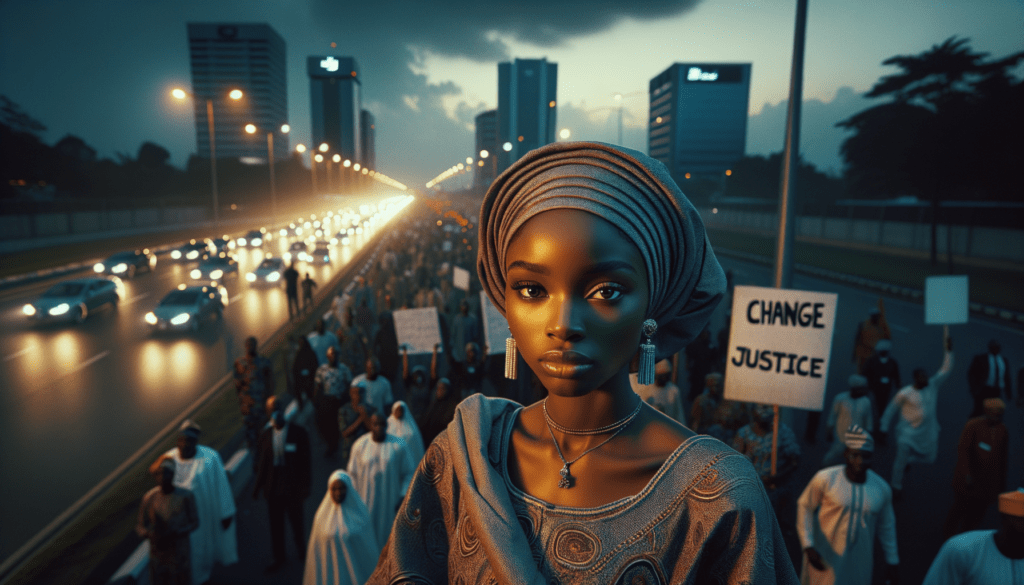 A young woman in traditional Nigerian attire stands at the forefront of a protest in Nigeria. Behind her, a large crowd of protesters marches along a busy highway with illuminated streetlights and high-rise buildings in the background. Some protesters hold signs demanding 'Change' and 'Justice'. The scene captures the intensity and determination of the demonstrators."