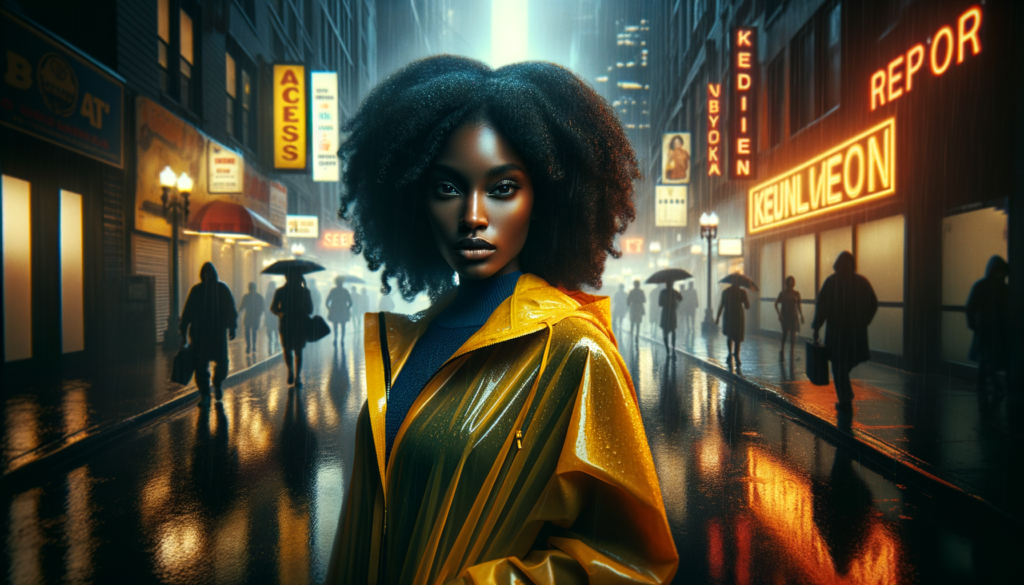 A vivid, cinematic scene featuring a young Black woman in her mid-twenties, dressed in a bright yellow raincoat, standing on a bustling city street as rain pours down around her. The lighting is moody and atmospheric, captured with an Arri Alexa camera, emphasizing the reflections of neon signs on the wet pavement. She looks determined yet hopeful, her curly hair framing her face, and she clutches an umbrella tightly, ready to confront the storm. In the background, we see blurred silhouettes of pedestrians hurrying past in the rain, capturing the essence of a vibrant urban environment. The overall mood is one of resilience and anticipation, with a focus on the woman's expressive face and the expressive play of light and shadow surrounding her. A hint of graffiti on a nearby wall adds character without cluttering the scene. Text on the wall reads, "keep going.