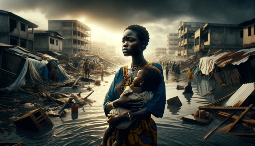 A vivid, cinematic scene featuring a close-up of a young Black woman, her face etched with sorrow and determination as she stands in the foreground, clutching a small child tightly to her chest. The background reveals a flooded urban area in West Africa with submerged buildings and debris scattered in muddy water, captured in soft, natural light through an Arri Alexa 35 camera. The atmosphere is heavy with emotion, reflecting themes of displacement and resilience amidst disaster. Highlight the contrast between the woman’s vibrant traditional dress and the muted colors of the devastated surroundings, evoking a poignant sense of loss and hope. The image should include a highlighted element of a makeshift shelter in the background, symbolizing the urgent humanitarian response. Text overlay: "Hope Amidst Chaos."