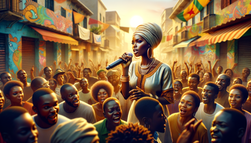 a vivid, cinematic scene with soft golden hour lighting using the Arri Alexa camera. Focus on a confident Black female rapper in mid-performance, her expressive face radiating passion as she holds a microphone, wearing vibrant traditional Senegalese attire mixed with urban hip-hop style. Behind her, a lively crowd of diverse fans show enthusiasm, the urban landscape of Dakar visible with colorful street art in the background, reflecting the cultural vibrancy of Senegal's hip-hop scene. The mood is empowering and celebratory, showcasing the woman's determination to lead and inspire through her music. Highlight the energy of the crowd and the bold colors of the street art, and feature the words "empower & inspire" subtly integrated into the background.