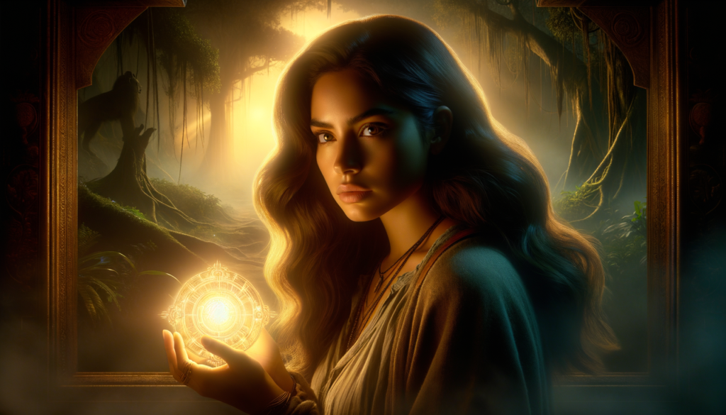 a vivid, cinematic scene using an Arri Alexa, dimly lit with warm, golden tones. In the foreground, a young Hispanic woman with long, flowing dark hair stands with a look of determination on her face, her brow slightly furrowed as she holds a glowing artifact in her hands. Her clothes are a mix of traditional and modern styles, hinting at her heritage and the adventurous spirit within. In the background, a misty ancient jungle unfolds, filled with towering trees and vibrant foliage, suggesting an atmosphere of mystery and exploration. The mood is one of suspense and anticipation, as if she is on the brink of a monumental discovery. A soft glow emanates from the artifact, illuminating her face with an ethereal light. Text on the image reads, “The Hidden Truth.”