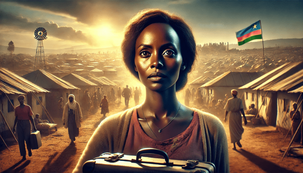 Create a vivid, cinematic scene using an Arri Alexa camera, with natural, soft lighting casting gentle shadows. A Rwandan woman, in her 30s, with long dark hair and expressive eyes filled with hope and concern, stands in the foreground, holding a small suitcase. Behind her, a sprawling landscape of sprawling refugee camps in Rwanda, with tents and makeshift structures, under a clear blue sky. The mood is tense yet hopeful, reflecting the emotional weight of migration and the decision to seek safety. A sign in the background reads “New Beginnings”, symbolizing the uncertainty and potential of the new policy.