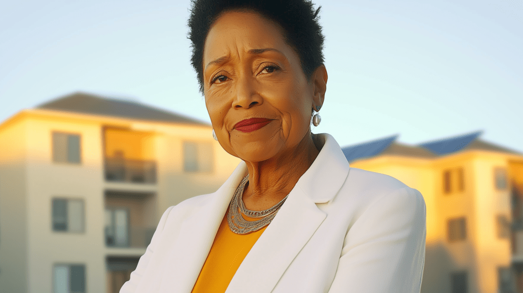 A vivid, cinematic scene of Elaine Brown, an African American woman in her 70s, with a passionate expression as she stands confidently in front of the newly constructed Black Panther Apartments in West Oakland. The lighting is warm and golden, evoking a hopeful mood, captured using an Arri Alexa camera. In the background, the five-story apartment complex, adorned with sustainable features like rooftop solar panels, stands proudly against a bright blue sky. The scene conveys a sense of community and renewal, emphasizing the significance of affordable housing and the legacy of the Black Panther Party.