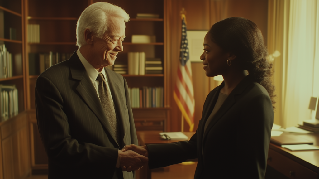 a vivid, cinematic scene with warm golden-hour lighting, featuring Jimmy Carter, a Caucasian man with a kind expression and silver hair, standing in a well-lit, modest office. He is depicted shaking hands with a young Black woman, dressed professionally in a business suit, symbolizing progress in racial equality. The background includes a polished wooden desk with an American flag subtly visible, and a bookshelf filled with neatly arranged books. The mood conveys hope and collaboration, with a focus on their handshake and mutual smiles as central visual elements.