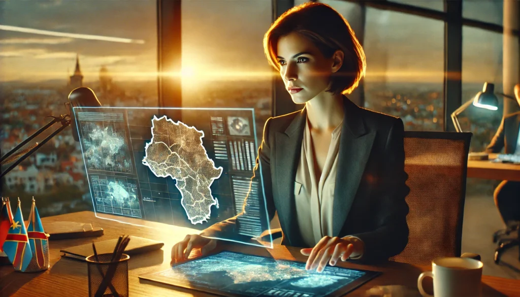 A vivid, cinematic scene of a Caucasian female policy analyst with short brown hair, wearing professional attire, intensely examining a digital map of the Democratic Republic of Congo, illuminated by a warm office light. In the background, a large window shows the silhouettes of high-rises and the European skyline during sunset, creating a serious yet hopeful atmosphere. Emphasize her focused expression, reflecting determination and concern for the implications of the EU Conflict Minerals Regulation. The visual elements should highlight technology such as tablets and charts, with the words