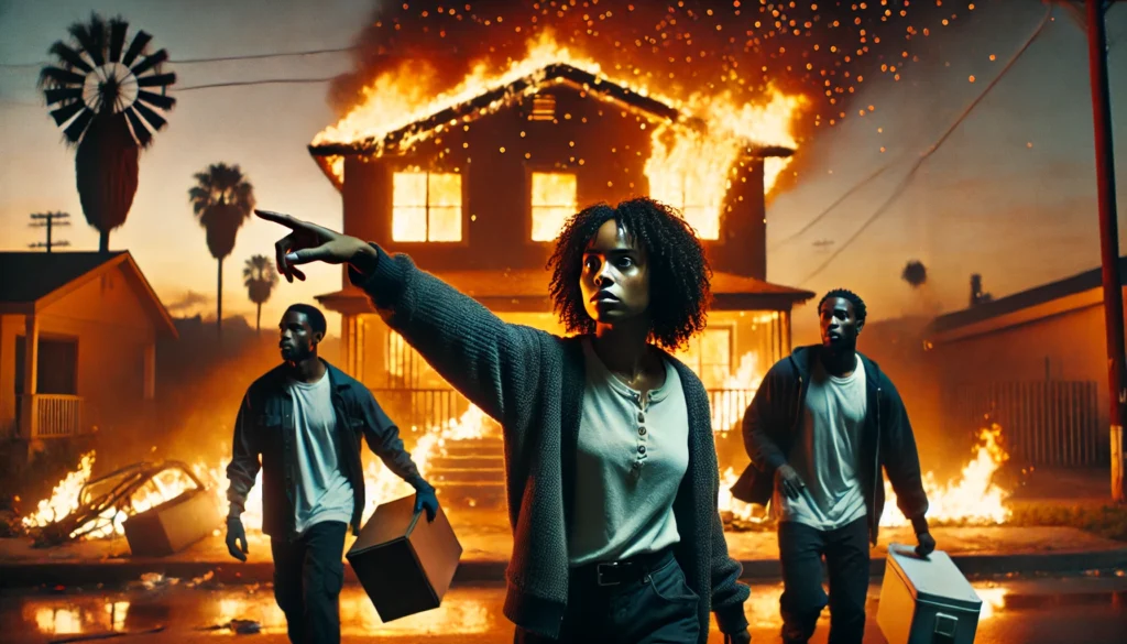 A vivid, cinematic scene of a fiery Los Angeles landscape at dusk, with glowing embers in the air lighting the sky orange and red. In the foreground, a Black woman in her 30s, with medium brown skin, curly hair pulled back, looks determined and concerned as she points towards her burning home in the background. Beside her, several Black men, with various skin tones, are seen in action, carefully lifting furniture and valuables away from the flames, their expressions a mix of focus and urgency. The background shows a blurred image of flames consuming the residence, casting light on the group as they work together to protect what they can. The mood is tense but resolute, highlighting themes of community and resilience amid chaos.