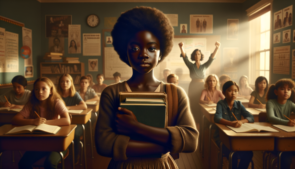Create a vivid, cinematic scene with soft, diffused lighting illuminating a diverse classroom setting. In the foreground, close-up on a young Black girl with medium brown skin, determined expression, clutching books tightly to her chest, representing A.H. Behind her, a blurred backdrop of students engaged in a lesson, with one teacher, a Caucasian woman, gesturing animatedly, creating a contrast in authority. The classroom is subtly decorated with educational posters, evoking a sense of learning. The mood conveys resilience and the call for change, symbolizing the Hodge family's fight against systemic racism. Visual elements include the girl's clenched fists, reflecting both determination and discomfort. Include the text: