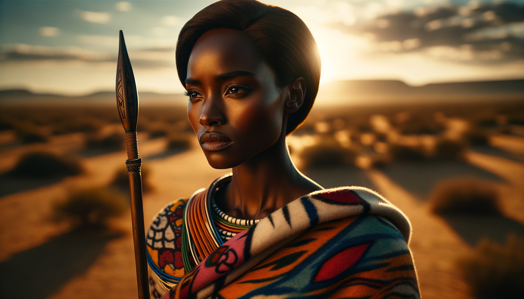 Create a vivid, cinematic scene focused on a stoic Ovaherero woman in her early 30s, with dark skin and traditional attire featuring vibrant patterns, standing in a sun-soaked desert landscape that echoes the historical context of the Namibian genocide. She gazes thoughtfully into the distance with a look of resilience and determination, embodying the fight for justice. The sun casts warm light on her face, highlighting her determined expression against a backdrop of vast, arid terrain with sparse vegetation, symbolizing the harsh reality her people faced. The mood conveys strength amidst adversity, with the theme of legacy and resistance central to the composition. Visual elements include a traditional Ovaherero spear held in her hand, signifying the struggle for rights, and the word 