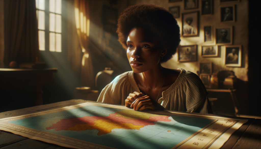 A cinematic style scene depicting a young Afro-Brazilian woman in her late 20s, with warm brown skin and expressive dark eyes, gazing thoughtfully at a colorful map of Benin spread out on a wooden table in a sunlit room. The lighting is soft and warm, casting gentle shadows that evoke a sense of hope and connection. In the background, a wall adorned with photographs of her ancestors and heritage artifacts reflects her quest for identity. The mood is contemplative and inspiring, capturing the theme of reconnecting with roots. The image should highlight a historical slave trade symbol subtly embedded in the map's design. 