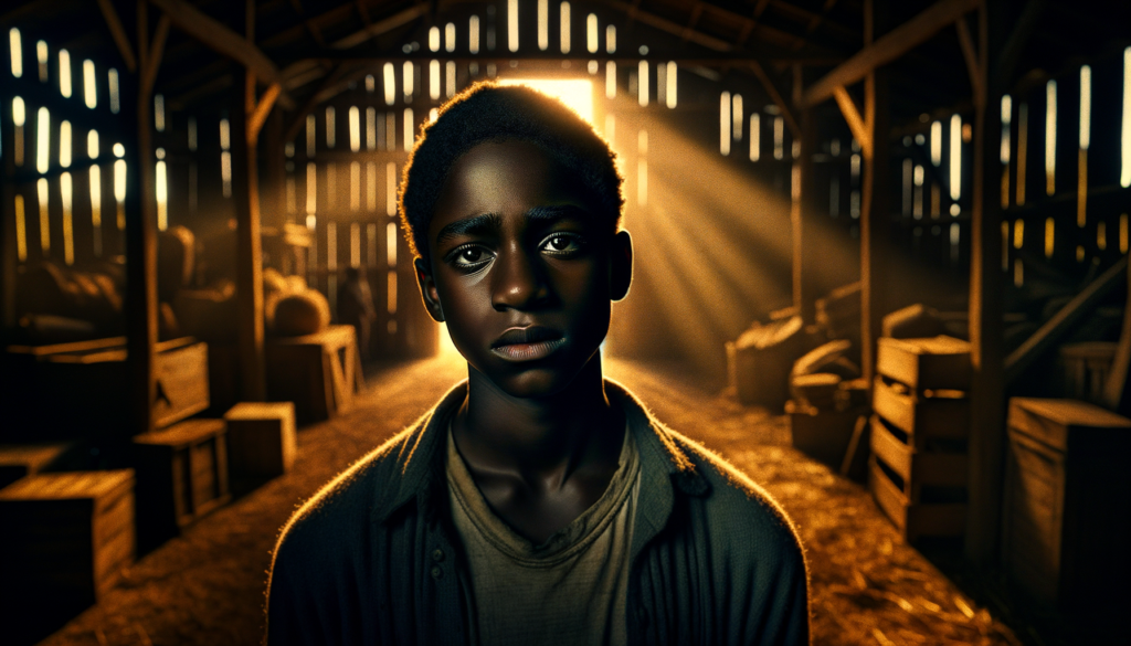 A vivid, cinematic scene illuminated by soft, warm evening light. In the foreground, focus on a teenage Black boy with deep brown skin and expressive eyes, looking determined yet weary as he stands with his back turned to an old, weathered barn door. In the background, the interior of the barn is dimly lit, revealing shadows of empty crates and remnants of old tools, suggesting a neglected space. The mood conveys a theme of resilience amid hardship, as the boy's posture reflects both hope and the weight of his experiences. The visual elements highlight the contrast between his youthful spirit and the oppressive environment. The only text in the image is
